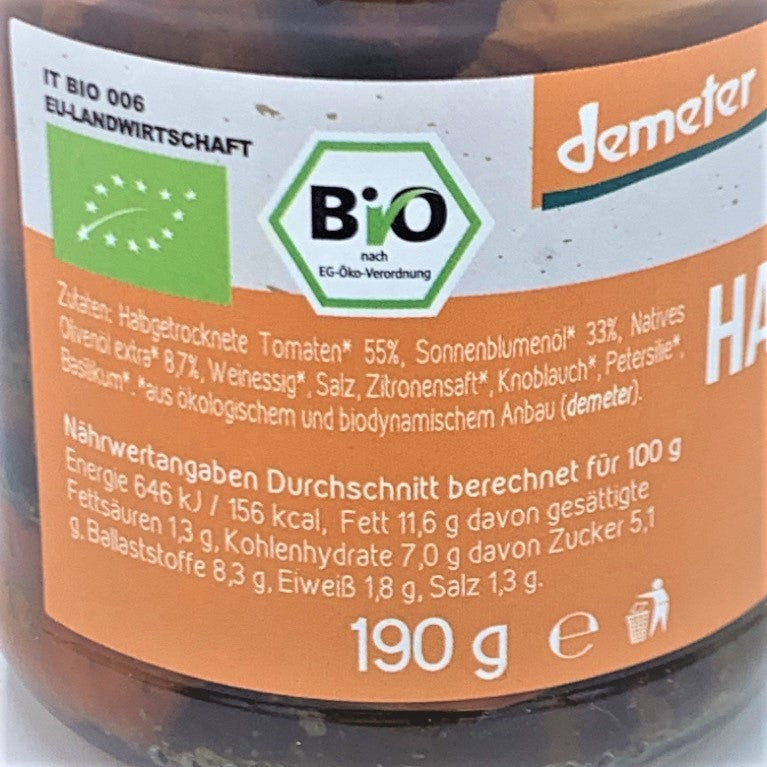Bio Demeter halbgetrocknete Tomaten in Öl